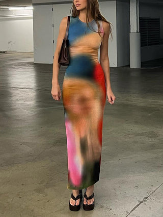 Sleeveless Backless Maxi Dress Women Summer Bodycon Elegant Sexy Tie Dye Outfits Ladies Birthday Party Club Sundress ALODIA STORE