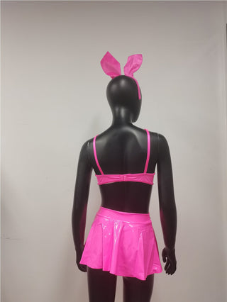 Sexy Lingerie Set Women Rabbit Ears Patent Leather Erotic Lingerie Sexy Uniform Rabbit Metal Chain Nightclub Lingerie Clothing ALODIA STORE