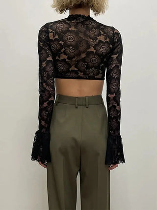 Lace Crochet Crop Top Sexy Womens Flare Long Sleeves O-neck Solid T-shirt 2023 Ladies Fashion Party Club Streetwear Blouse Tops ALODIA STORE