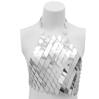 Shiny Plastic Sequins Sexy Backless Crop Tank Tops For Women y2k Hollow Out Halter Shiny Solid Silver Fashion Sequin CropTop ALODIA STORE