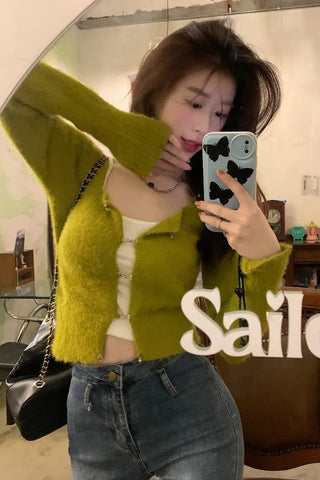 Korean Fashion Solid Slim Knitted Cardigan for Women 2023 New In Autumn Casual Sexy Sweater Cropped Top Y2k 2000s Clothes ALODIA STORE