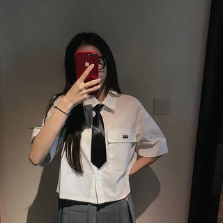 Preppy Style Women White Cropped Shirts Blouse for Girl Summer Button Up Tops Korean Fashion Clothes Short Croptop Clothing ALODIA STORE