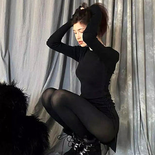Goth Dark Mall Gothic Drawstring Bodycon Women Mini Dresses Y2k Punk Black Split Sexy Long Sleeve Dress Grunge Basic Partywear ALODIA STORE