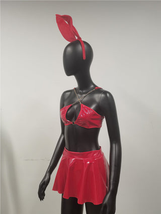 Sexy Lingerie Set Women Rabbit Ears Patent Leather Erotic Lingerie Sexy Uniform Rabbit Metal Chain Nightclub Lingerie Clothing ALODIA STORE