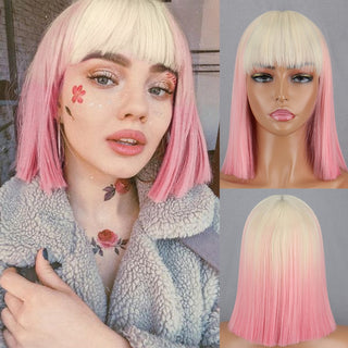 Green Short Bob Wig With Bangs for Women Shoulder Length Synthetic Wigs Cosplay Party Daily Lolita Natural Hair Black Pink Red ALODIA STORE