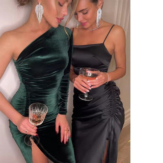 New Solid Long Sleeve One Shoulder Ruched Slit Velvet Midi Dress Sexy Party Club Elegant Bodycon Dresses Femme Robe Longue ALODIA STORE