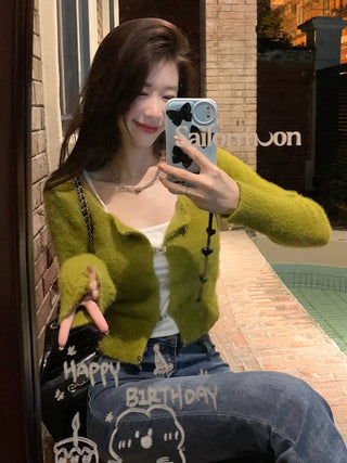 Korean Fashion Solid Slim Knitted Cardigan for Women 2023 New In Autumn Casual Sexy Sweater Cropped Top Y2k 2000s Clothes ALODIA STORE