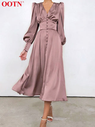 OOTN White Single Breasted Elegant Dress For Women Party Robe High Waist Satin Long Dress Chic Midi Dresses Lantern Sleeve ALODIA STORE