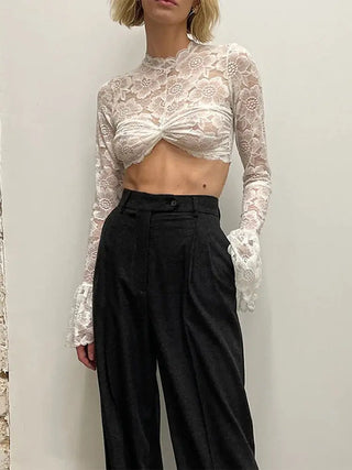 Lace Crochet Crop Top Sexy Womens Flare Long Sleeves O-neck Solid T-shirt 2023 Ladies Fashion Party Club Streetwear Blouse Tops ALODIA STORE