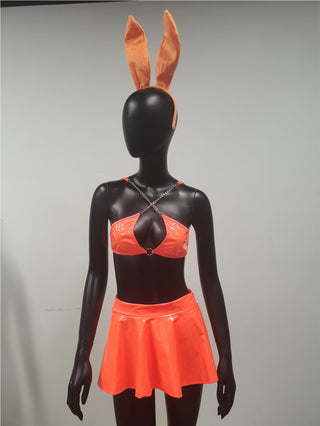 Sexy Lingerie Set Women Rabbit Ears Patent Leather Erotic Lingerie Sexy Uniform Rabbit Metal Chain Nightclub Lingerie Clothing ALODIA STORE