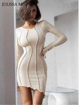 JULISSA MO Sexy Solid Patchwork O Neck Mini Dress Women Autumn Bodycon Long Sleeve Slim Fit Elegant Party Club Vestido ALODIA STORE