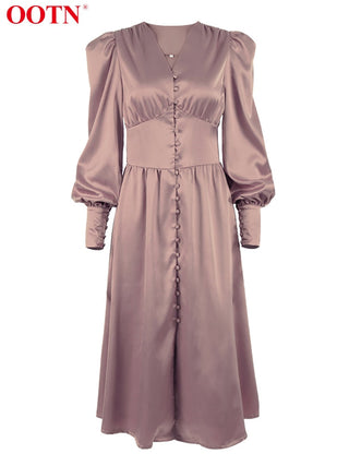 OOTN White Single Breasted Elegant Dress For Women Party Robe High Waist Satin Long Dress Chic Midi Dresses Lantern Sleeve ALODIA STORE