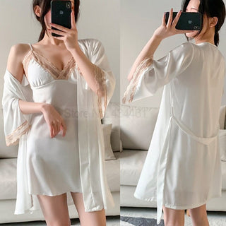 Satin Robe Set Sexy Female Sleepwear Summer Kimono Bathrobe Lace Trim Bride Bridesmaid Dressing Gown Casual Nightgown ALODIA STORE