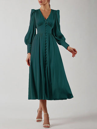 OOTN White Single Breasted Elegant Dress For Women Party Robe High Waist Satin Long Dress Chic Midi Dresses Lantern Sleeve ALODIA STORE