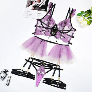 MIRABELLE Fine Lingerie for Women Sexy Porn Underwear Bra and Panty Set Lace Thongs Ruffle Fancy Embroidery With Chain Garter ALODIA STORE