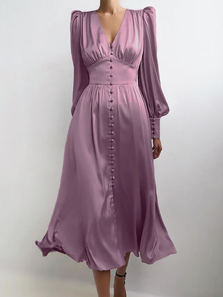 OOTN White Single Breasted Elegant Dress For Women Party Robe High Waist Satin Long Dress Chic Midi Dresses Lantern Sleeve ALODIA STORE