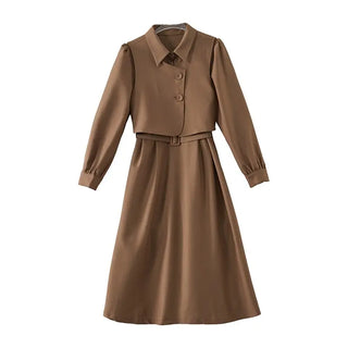 Korean Fashion Casual Two Piece Set Women Elegant Loose Vest CropTops + Long Sleeve Slim Shirt Dress Woman Femme 2 Piece Outfits ALODIA STORE