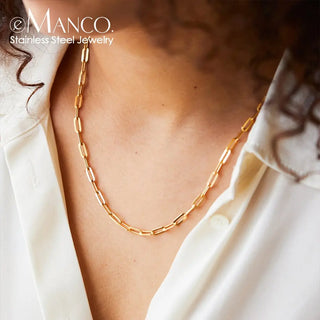 eManco Hot Fashion Paperclip Link Chain Women Necklace Stainless Steel Gold Color Chain Necklace For Women Men Jewelry Gift ALODIA STORE