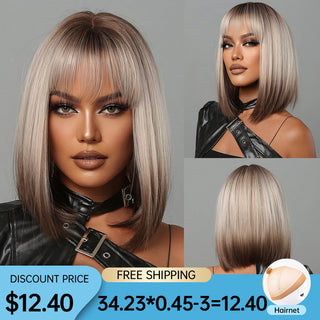 Pelucas sintéticas cortas y rectas para mujeres, cabello falso resistente al calor, Rubio a marrón, Ombre, Bob con flequillo, fiesta de Cosplay diaria ALODIA STORE