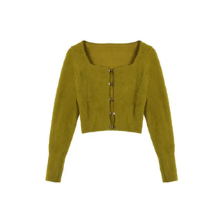 Korean Fashion Solid Slim Knitted Cardigan for Women 2023 New In Autumn Casual Sexy Sweater Cropped Top Y2k 2000s Clothes ALODIA STORE