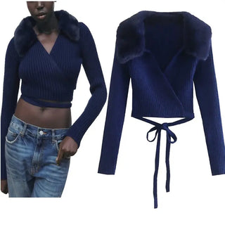 Artificial Fur CropTops Furry Fall Female Crop for Women V Neck Knit Sweater Y2k Long Sleeve New In Pullovers Traf Winter 2022 ALODIA STORE