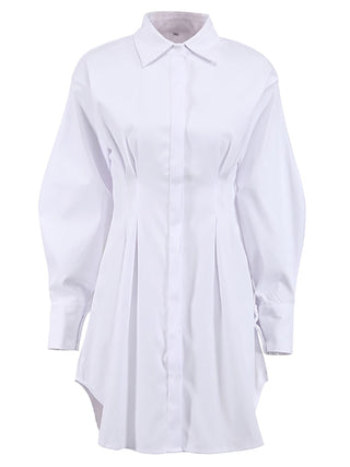 Mnealways18 Spring Summer Bodycon Dress Women Khaki Long Sleeve Pleated Shirt Dress Office Ladies Solid Lapel Casual Mini Dresss ALODIA STORE