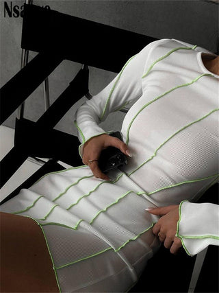 Nsauye Sexy Club Ribber Knitted Y2K Mini Bodycon Party Women Dress Autumn Striped O Neck Long Sleeve Fashion Dress 2023 ALODIA STORE