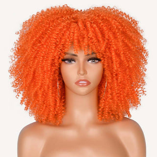 Short Afro Kinky Curly Wig With Bangs For Black Women Cosplay Lolita Natural Hair Ombre Mixed Brown Synthetic African Wigs ALODIA STORE