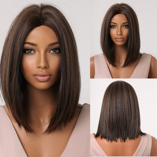 Pelucas sintéticas cortas y rectas para mujeres, cabello falso resistente al calor, Rubio a marrón, Ombre, Bob con flequillo, fiesta de Cosplay diaria ALODIA STORE