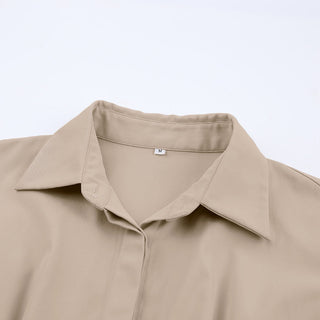 Mnealways18 Spring Summer Bodycon Dress Women Khaki Long Sleeve Pleated Shirt Dress Office Ladies Solid Lapel Casual Mini Dresss ALODIA STORE