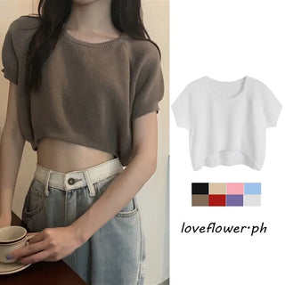 New korean version short sleeve knitted sweater thin shirt white croptop ALODIA STORE