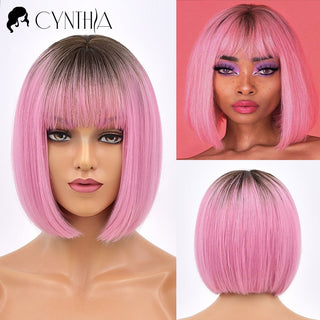 Green Short Bob Hair Synthetic Wig For Woman With Bangs Blonde Ombre Pink Cosplay Lolita Party Heat Resistant Daily Natural Hair ALODIA STORE