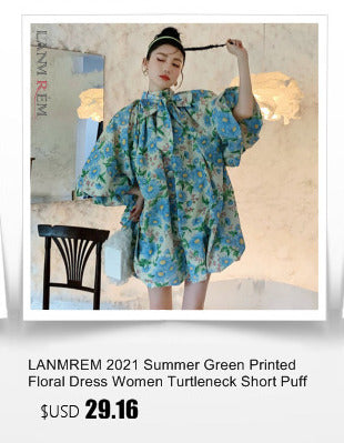 LANMREM 2023 New Korean Summer Fashion Women Clothes Vacation Dresses Lantern Sleeves Pullover Loose Chiffon Dress Pleated WG686 ALODIA STORE