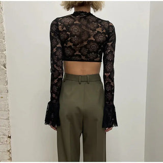 Lace Crochet Crop Top Sexy Womens Flare Long Sleeves O-neck Solid T-shirt 2023 Ladies Fashion Party Club Streetwear Blouse Tops ALODIA STORE