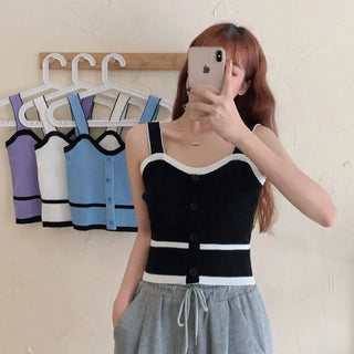 Fashion Summer Halter Off Shoulder Knitted Korean Sport Tank Crop Ribber Y2k Ropa De Mujer Croptop Cami Button Patchwork Ins Top ALODIA STORE