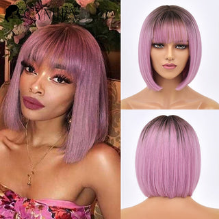 Green Short Bob Hair Synthetic Wig For Woman With Bangs Blonde Ombre Pink Cosplay Lolita Party Heat Resistant Daily Natural Hair ALODIA STORE