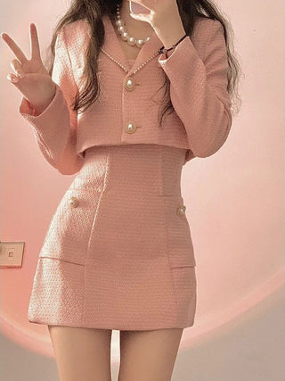 Autumn Pink Elegant Two Piece Set Women blazer Coat+Strap Mini Dress Set ALODIA STORE