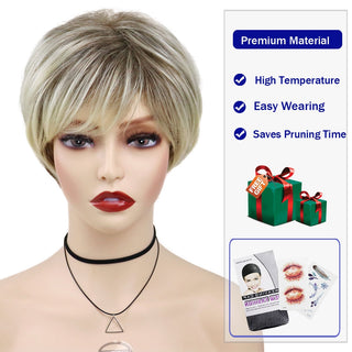 GNIMEGIL Synthetic Hair Blonde Wig with Bangs Natural Short Wig for White Woman High Temperature Blond Ombre Mommy Wig for Daily ALODIA STORE