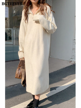 BGTEEVER Casual Thicken Warm Loose Sweater Dress Women Autumn Winter Lapel Full Sleeve Solid Long Knitted Dress Female vestidos ALODIA STORE