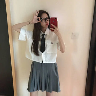Preppy Style Women White Cropped Shirts Blouse for Girl Summer Button Up Tops Korean Fashion Clothes Short Croptop Clothing ALODIA STORE