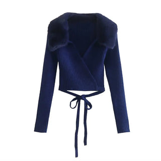 Artificial Fur CropTops Furry Fall Female Crop for Women V Neck Knit Sweater Y2k Long Sleeve New In Pullovers Traf Winter 2022 ALODIA STORE