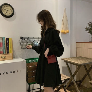 QWEEK Shirt Dress Women Korean Style Polo Collar Black ALODIA STORE