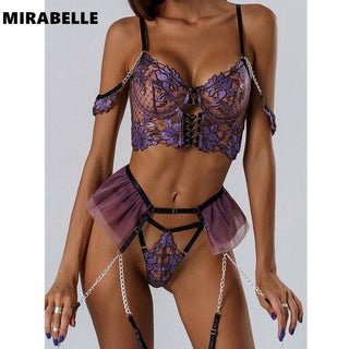 MIRABELLE Fine Lingerie for Women Sexy Porn Underwear Bra and Panty Set Lace Thongs Ruffle Fancy Embroidery With Chain Garter ALODIA STORE