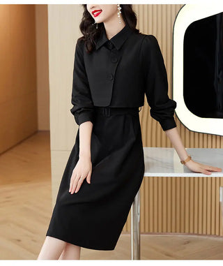 Korean Fashion Casual Two Piece Set Women Elegant Loose Vest CropTops + Long Sleeve Slim Shirt Dress Woman Femme 2 Piece Outfits ALODIA STORE