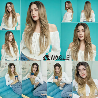 Noble Hair Synthetic Lace Front Wig Long straight 28 Inch Lace Wig Ombre Blonde Wig Heat Resistant Wigs For Women Lace Front Wig ALODIA STORE