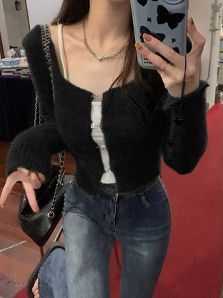 Korean Fashion Solid Slim Knitted Cardigan for Women 2023 New In Autumn Casual Sexy Sweater Cropped Top Y2k 2000s Clothes ALODIA STORE