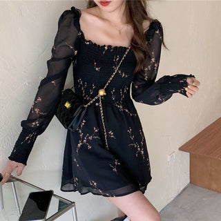 Sexy Black Dress Vintage Flower Long Puff Sleeve Chiffon Dresses ALODIA STORE