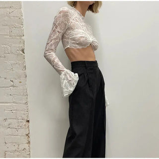 Lace Crochet Crop Top Sexy Womens Flare Long Sleeves O-neck Solid T-shirt 2023 Ladies Fashion Party Club Streetwear Blouse Tops ALODIA STORE