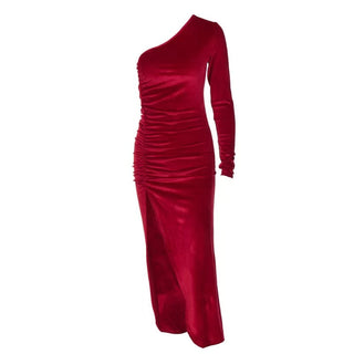New Solid Long Sleeve One Shoulder Ruched Slit Velvet Midi Dress Sexy Party Club Elegant Bodycon Dresses Femme Robe Longue ALODIA STORE