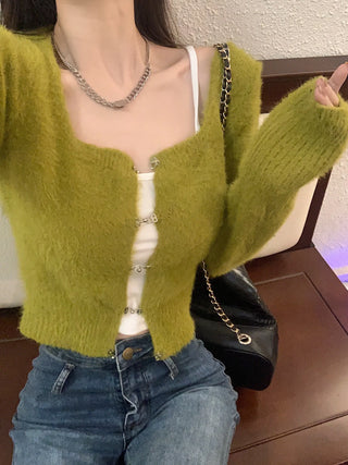 Korean Fashion Solid Slim Knitted Cardigan for Women 2023 New In Autumn Casual Sexy Sweater Cropped Top Y2k 2000s Clothes ALODIA STORE